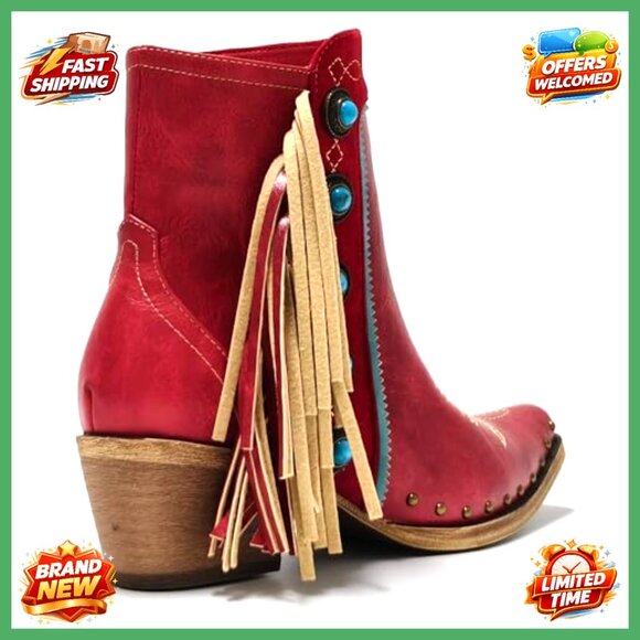 Western Fringe Ankle Boots Studded Turquoise Stones Cowgirl Chic Block Heel - Picture 6 of 7